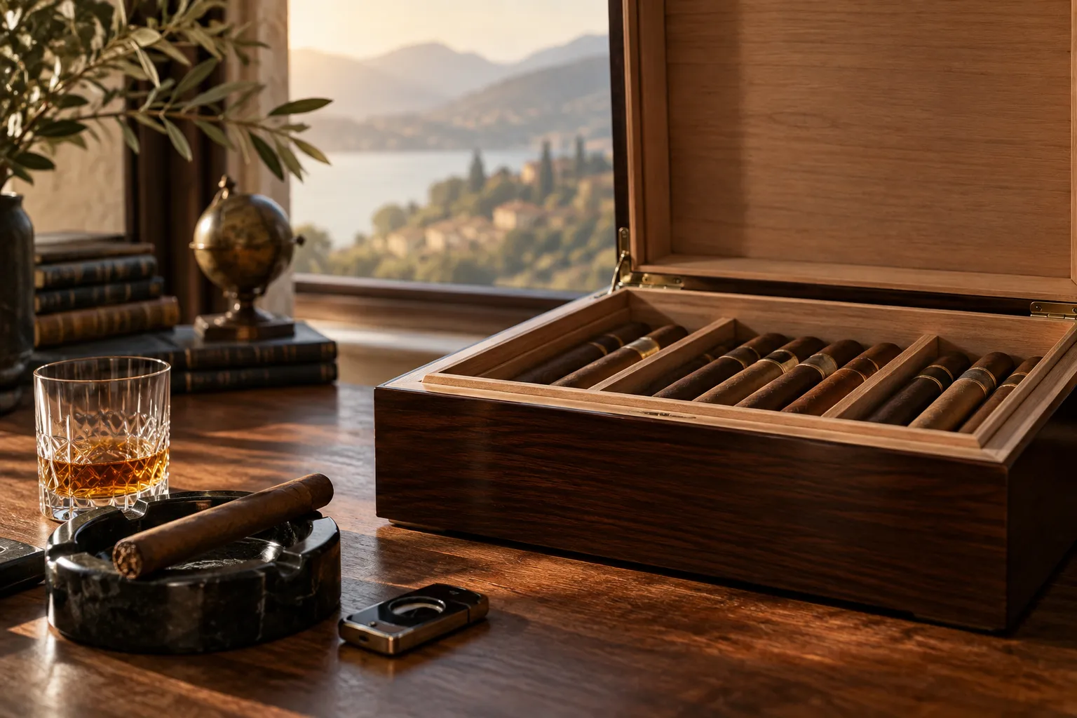 Geöffneter Holz-Humidor mit Zigarren und einem schlichten Hygrometer