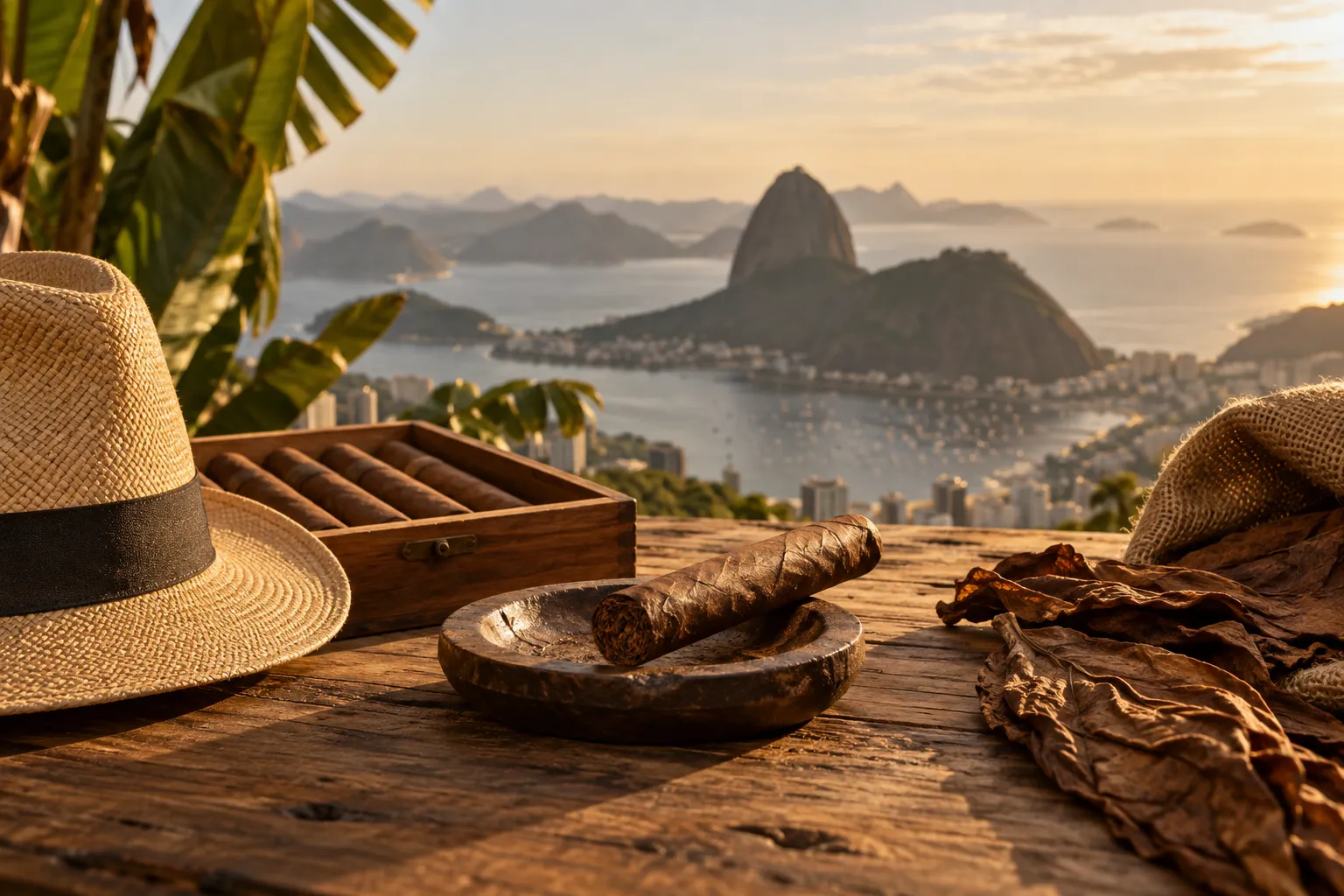 Zigarre und brasilianische Tabakblätter in warmem, tropischem Licht