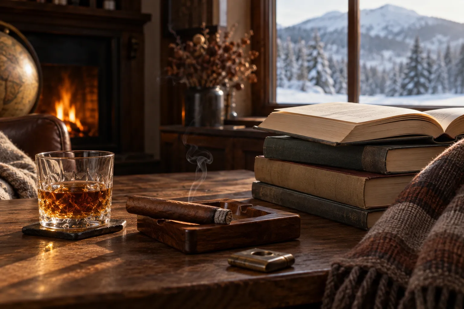 Zigarre, aufgeschlagenes Buch und warme Tasse in einer ruhigen Leseszene