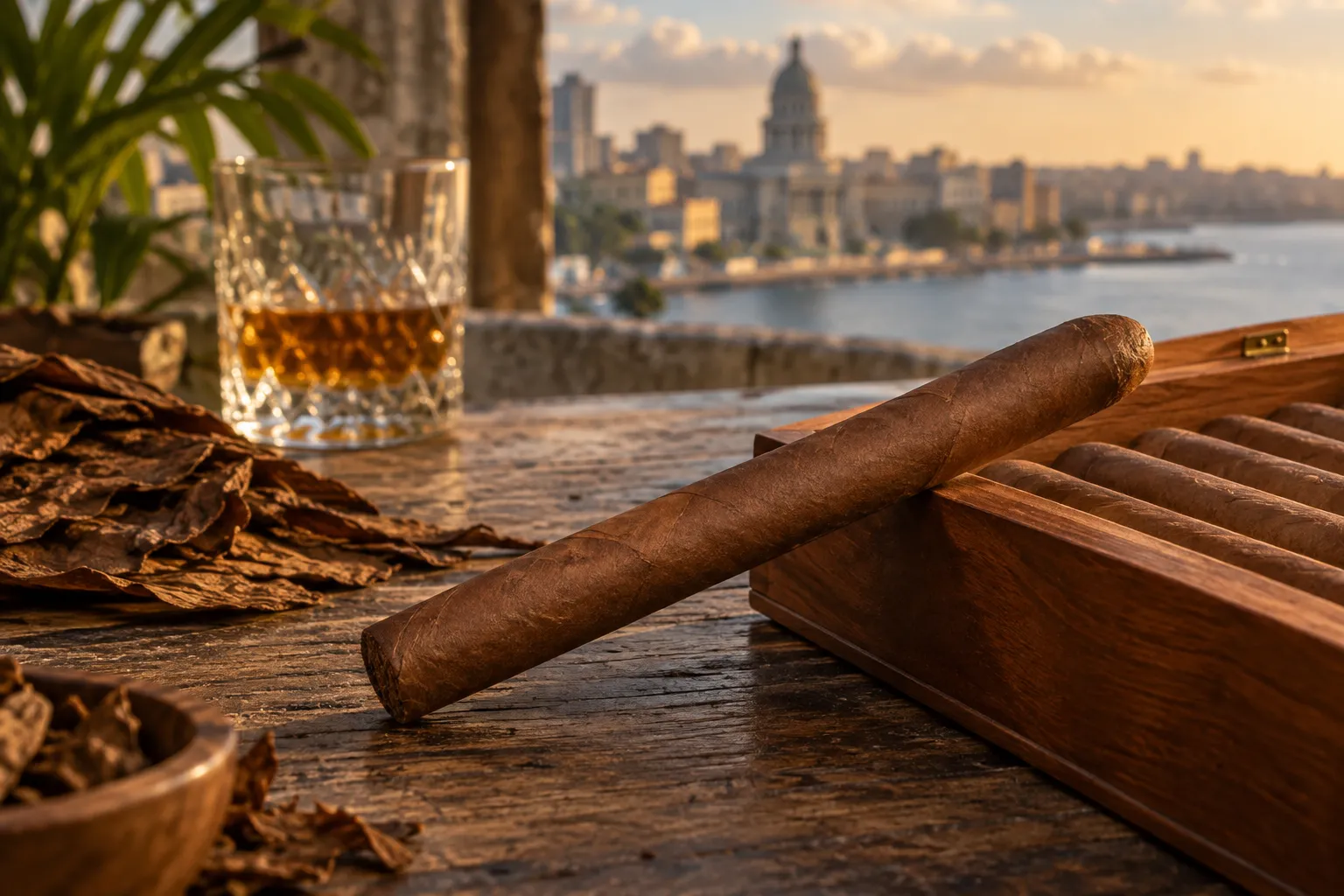 Lange elegante Zigarre neben dunklem Holz und einem Tabakblatt
