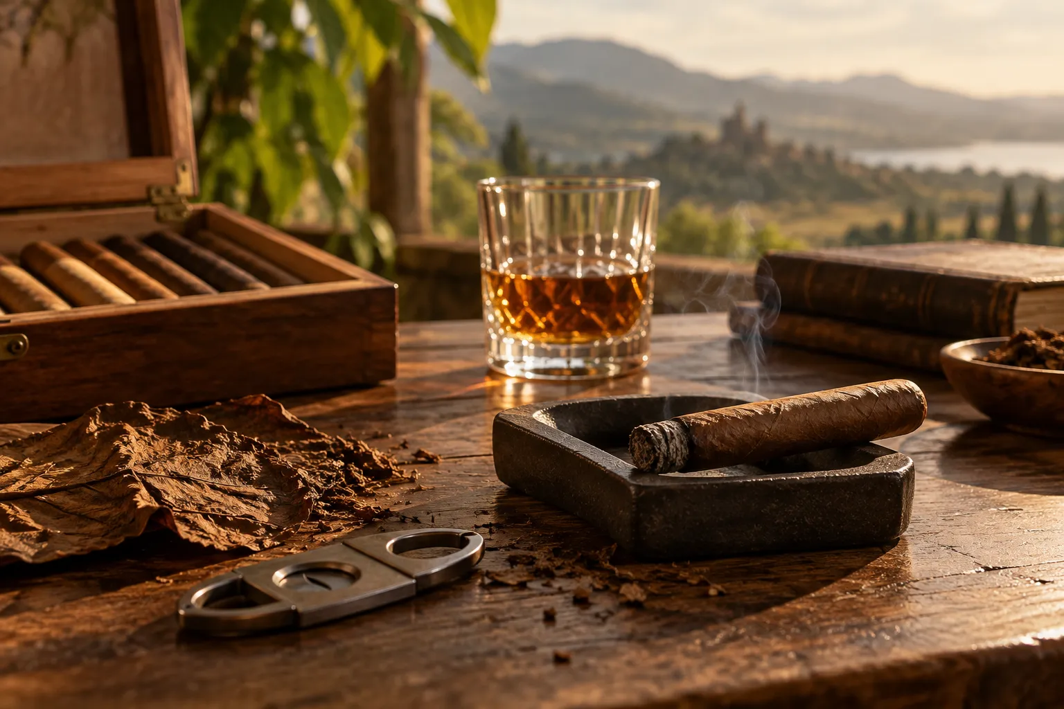 Zigarre, Cutter, Streichhölzer und Tabakblatt als geordnetes Stillleben