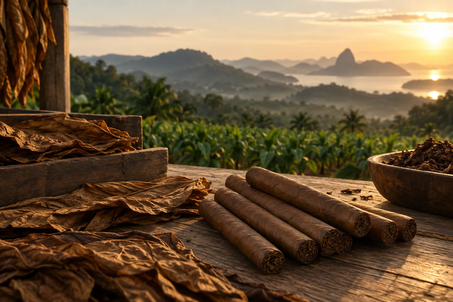 Tabakblätter, Werkzeug und eine handgerollte Zigarre in einer brasilianischen Werkstatt