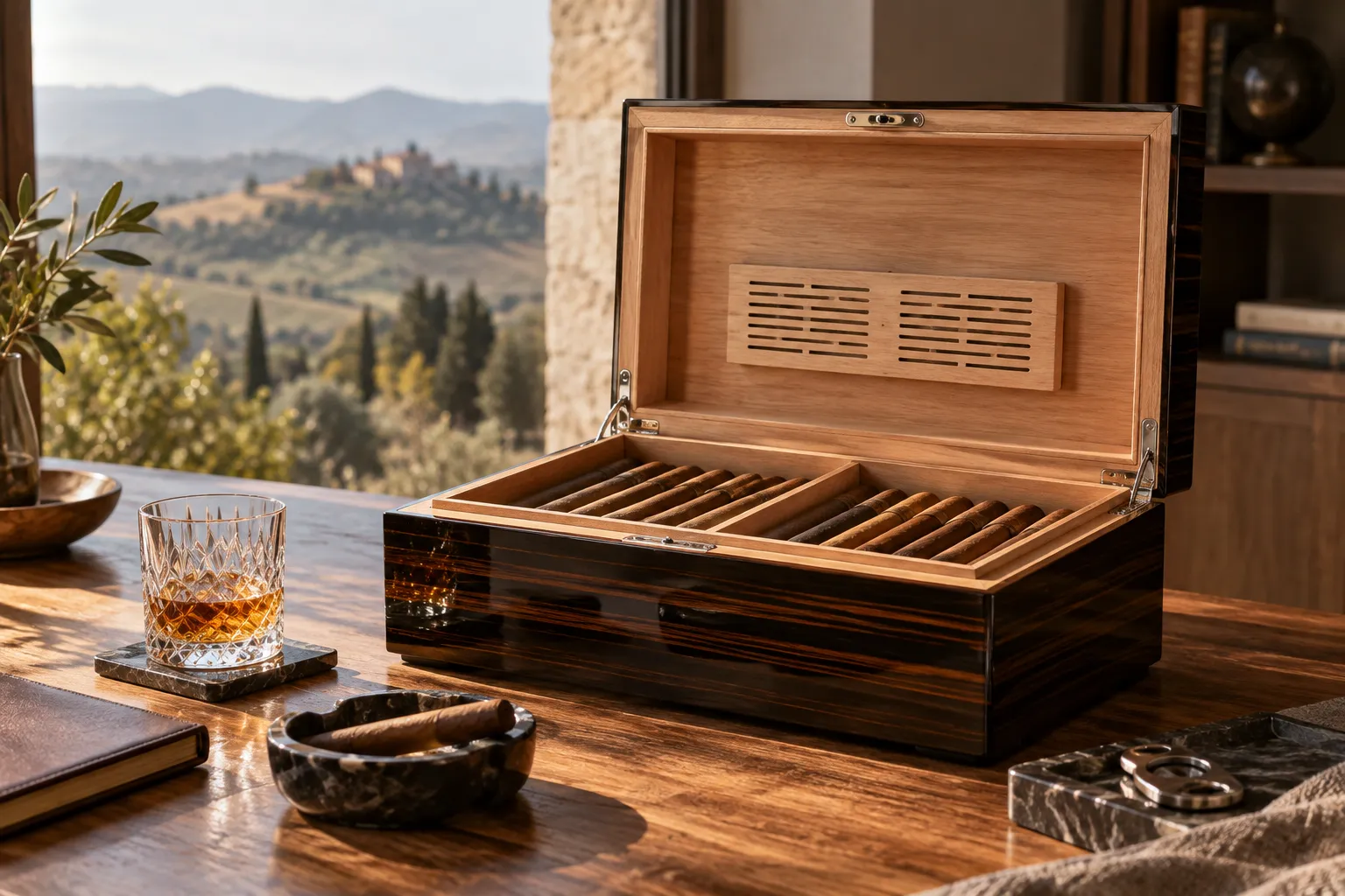 Eleganter Holzhumidor mit Zigarren und Messingdetails