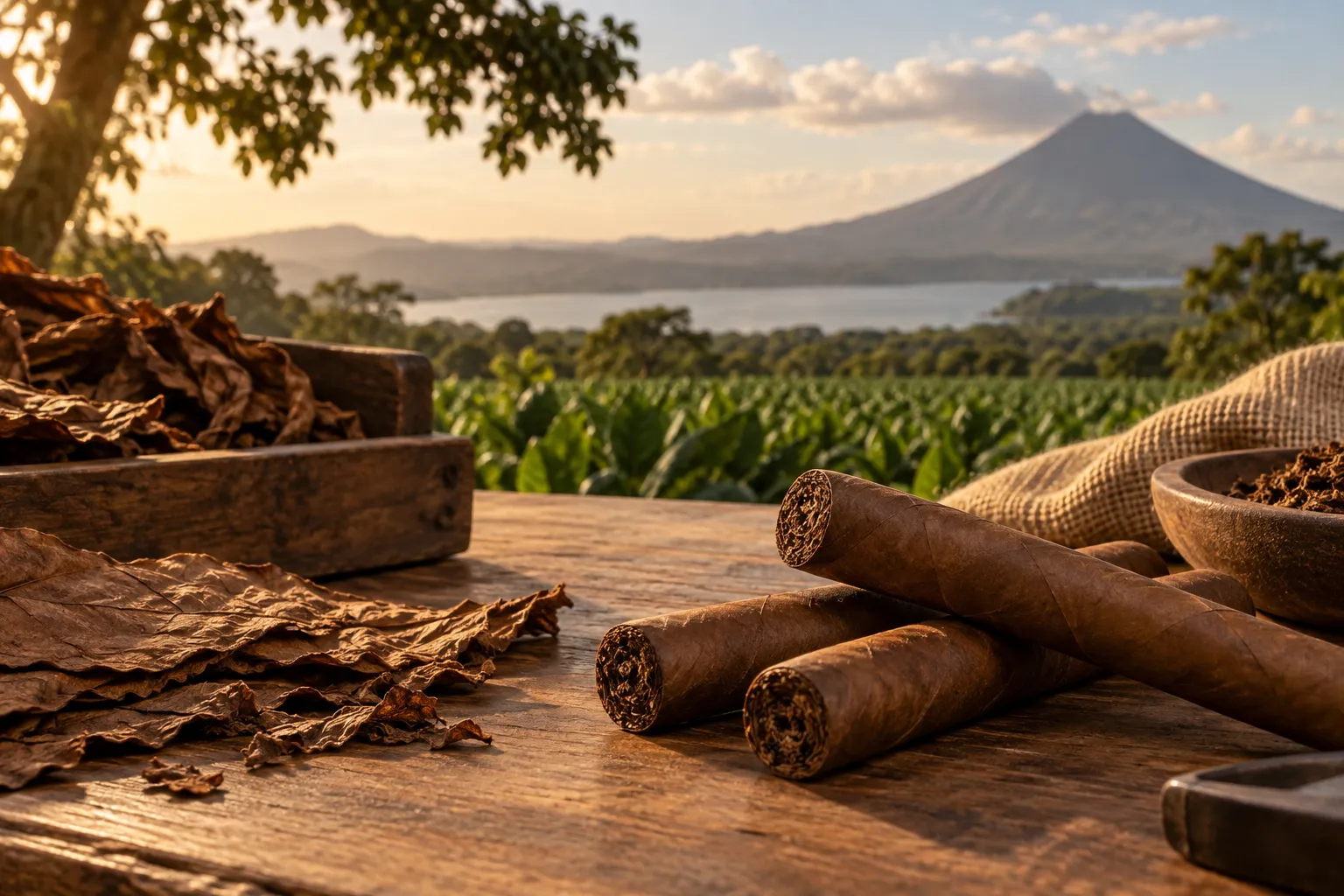 Dunkle nicaraguanische Zigarren und Tabakblätter auf Vulkanboden