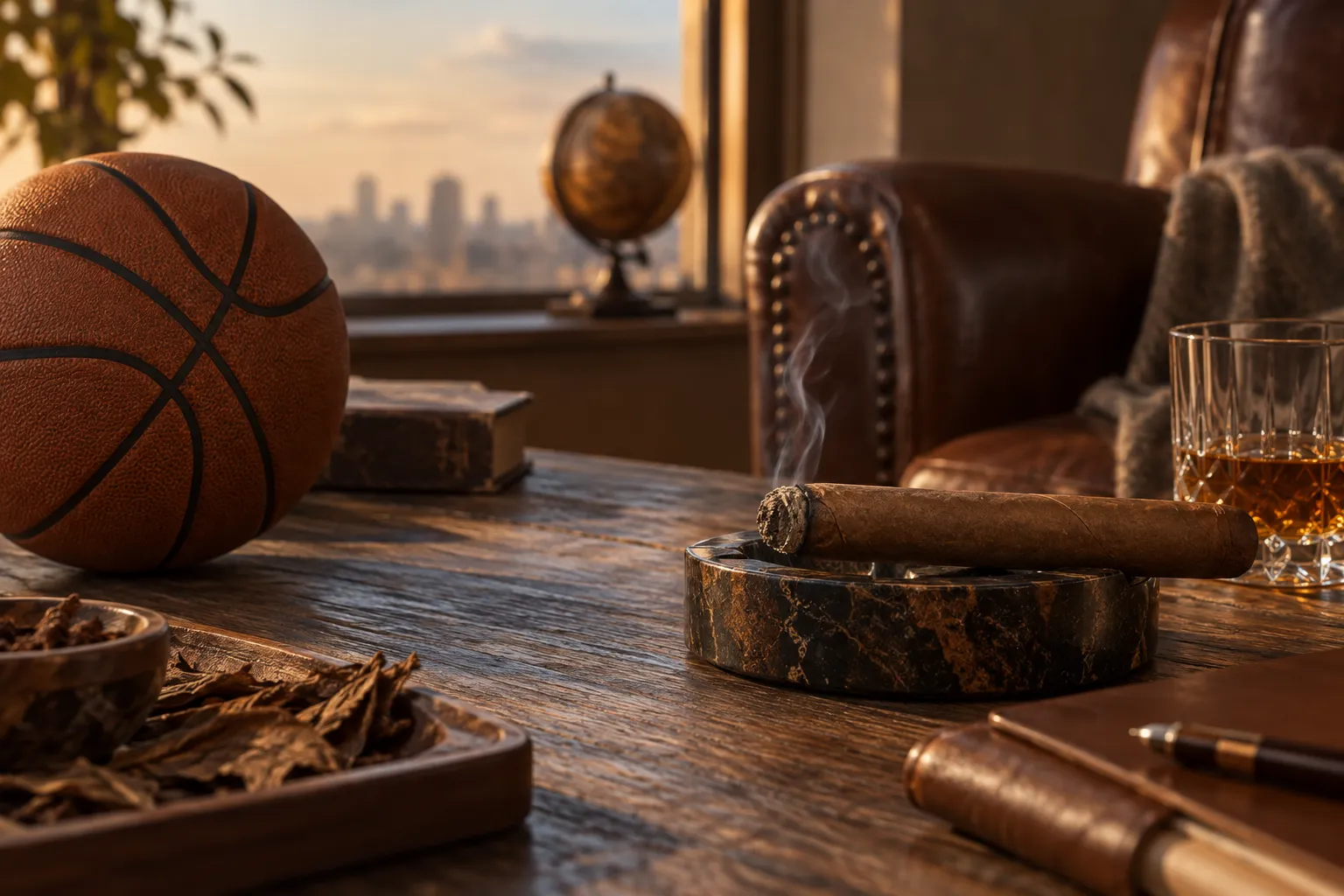 Dunkle Zigarre, Basketball und Notizbuch als stilvolles Symbolbild