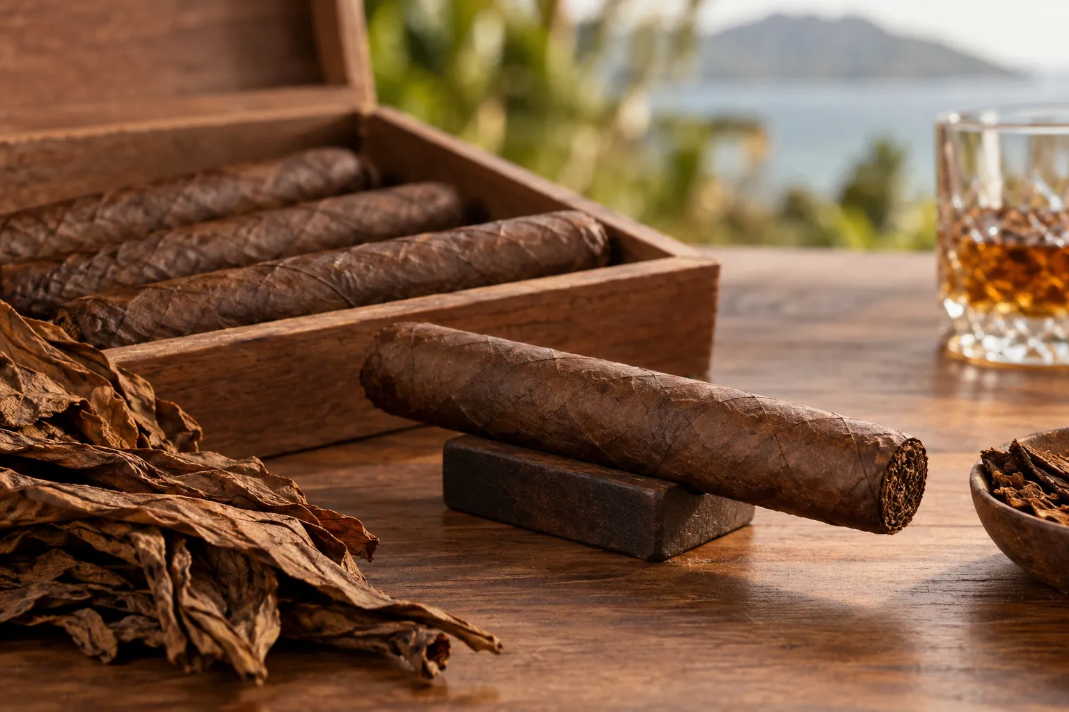 Zwei elegante Zigarren mit hellem Sumatra-Deckblatt und Tabakblättern